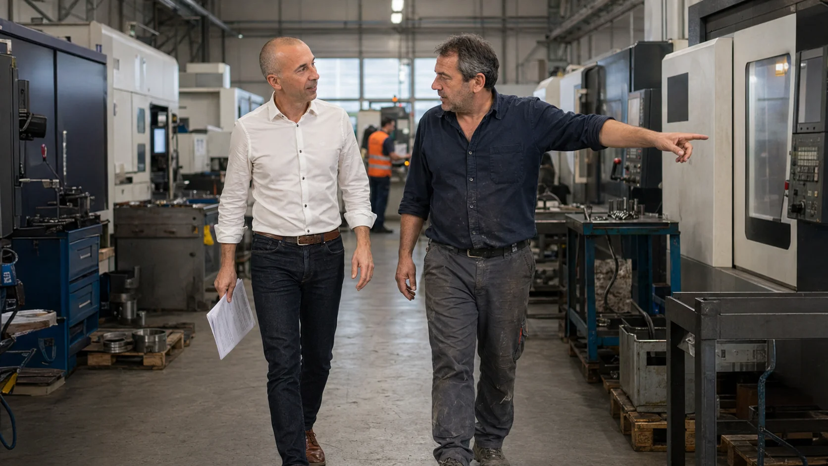 Alberto Amà al fianco di un cliente in fabbrica, durante un sopralluogo per una pratica di noleggio operativo