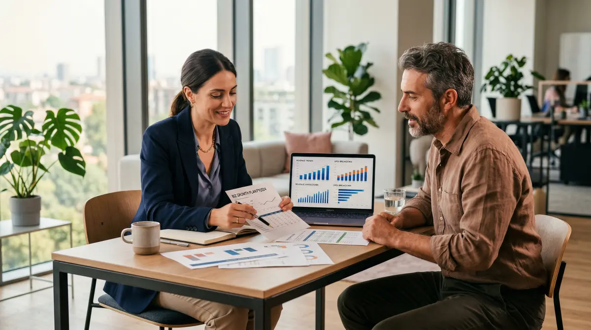 Consulente finanziario revisiona pratica ISI con imprenditore