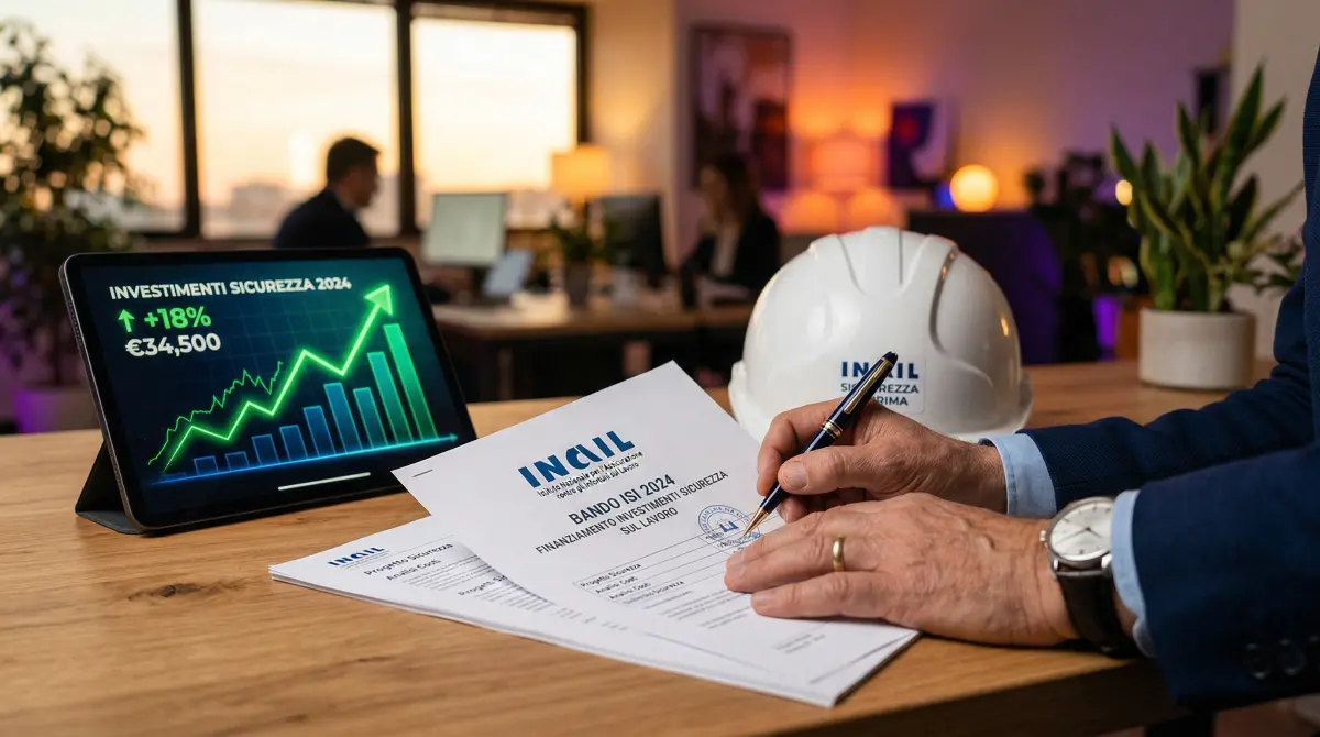 Imprenditore revisiona documenti Bando ISI INAIL con grafici investimenti sicurezza