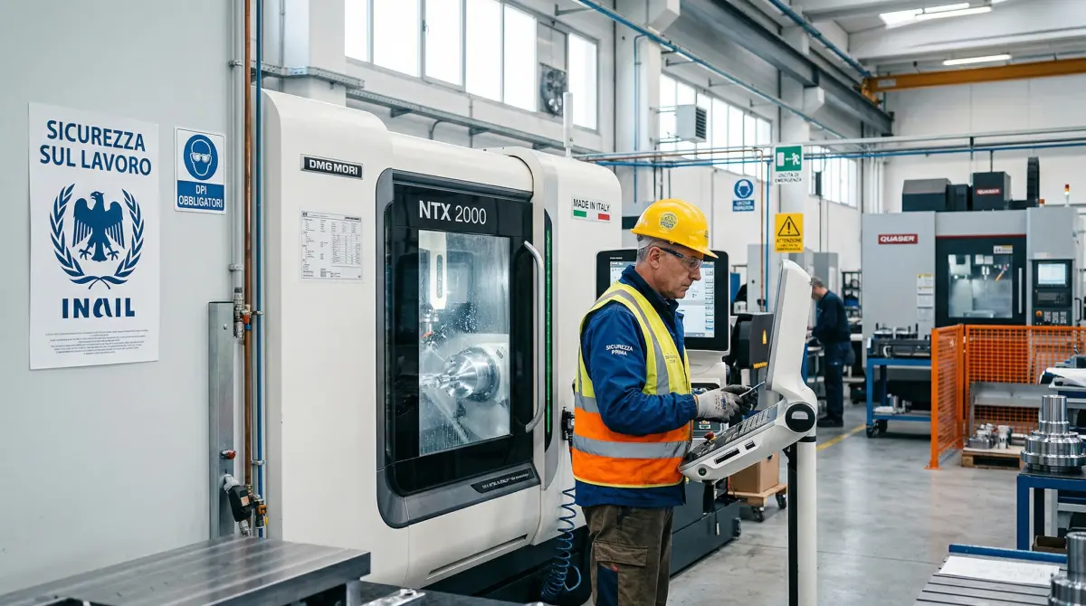 Operaio controlla macchinario CNC in capannone con poster sicurezza INAIL
