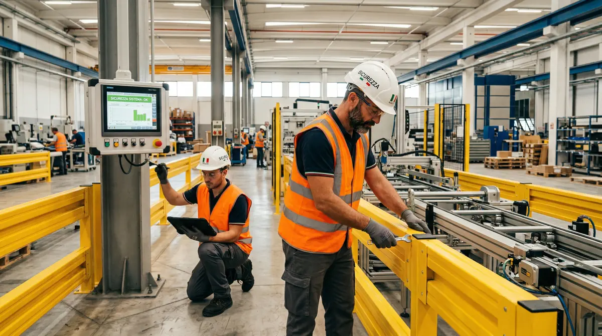 Operai installano barriere di sicurezza in capannone industriale