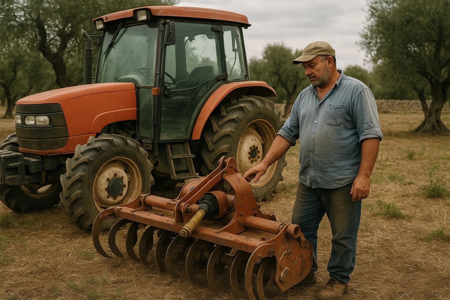 Trattore con attrezzo in un uliveto di una tenuta agricola del Salento