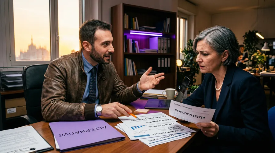 Broker che mostra alternative di finanziamento a un imprenditore dopo un rifiuto bancario