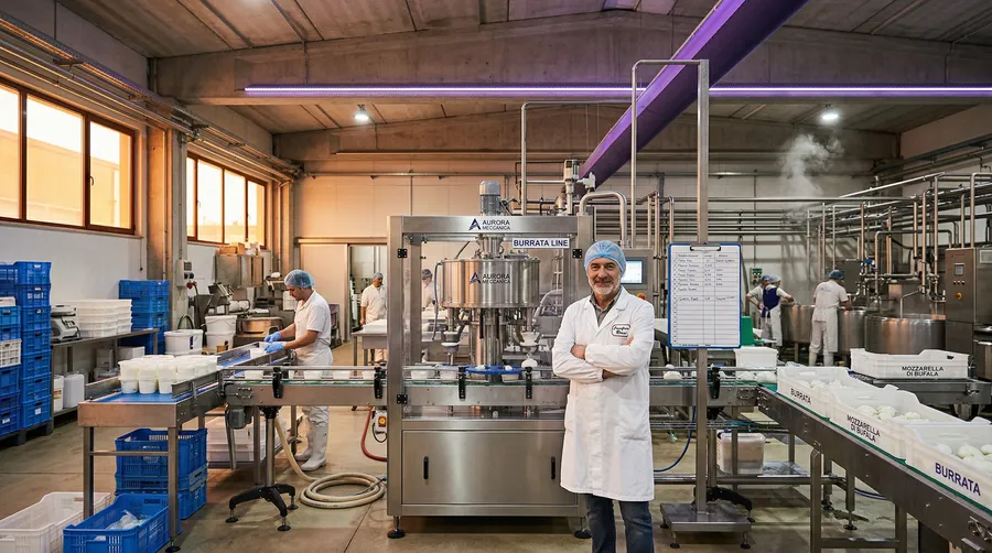 Macchinario automatico per produzione burrata in un caseificio italiano