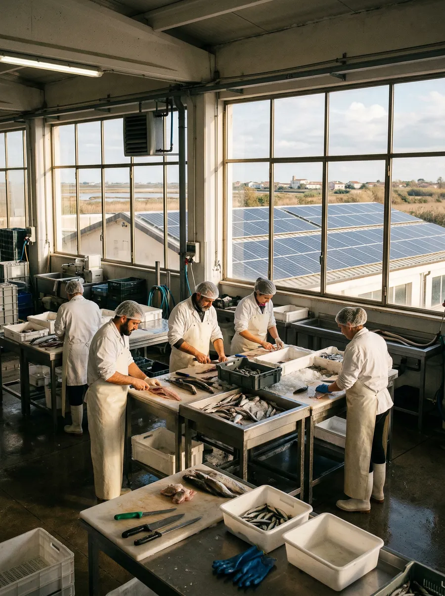 Lavorazione del pesce a mano in un capannone con pannelli fotovoltaici sul tetto