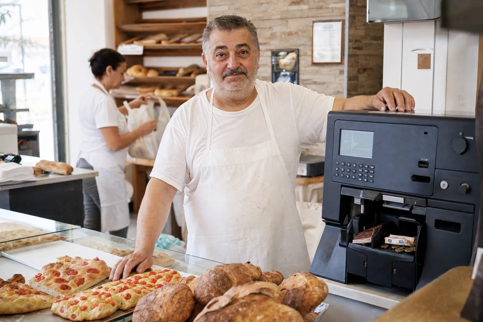 Cassa automatica per il contante sul bancone di un panificio, con pane e focacce in vetrina