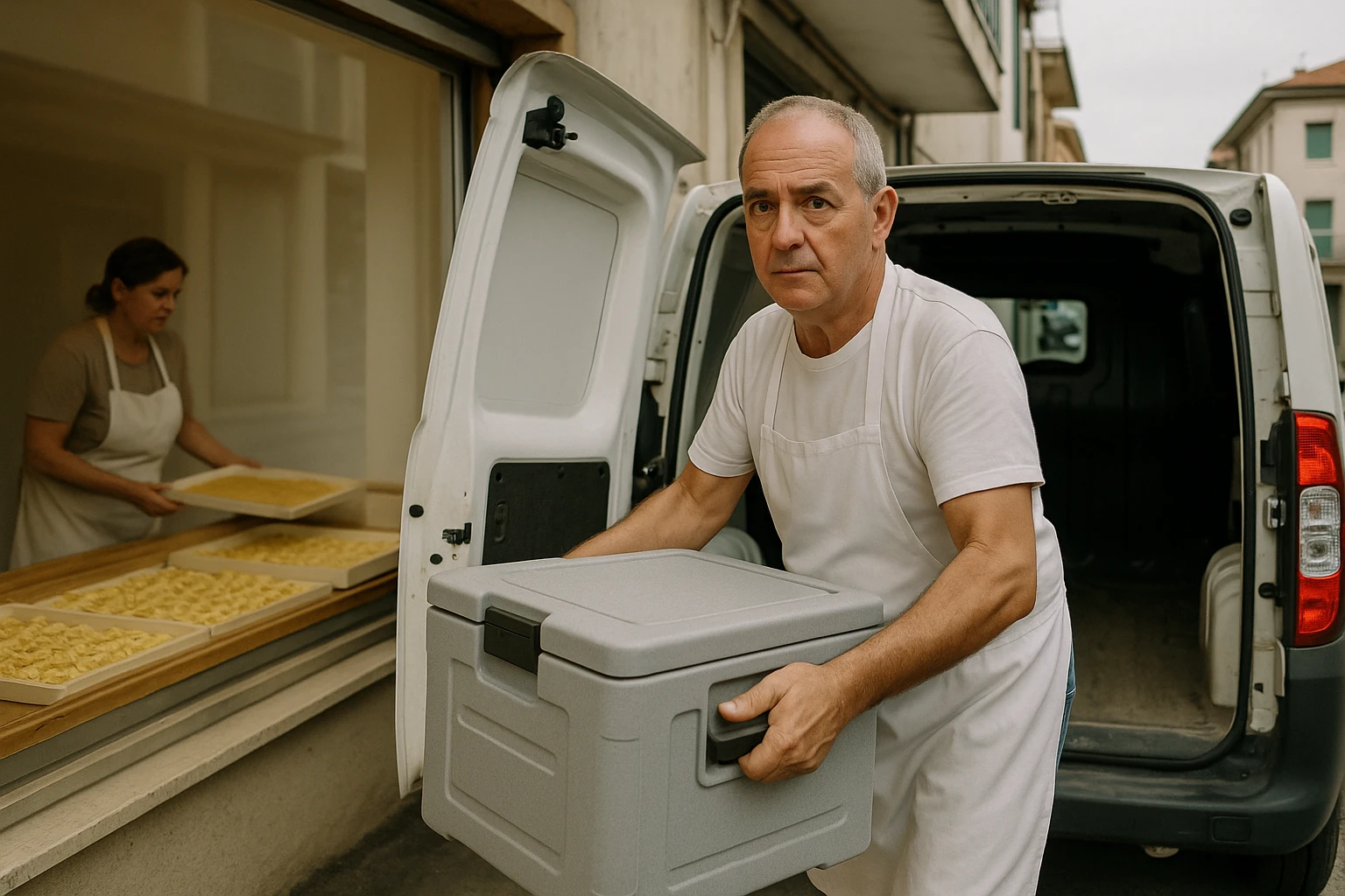 Titolare di un pastificio artigianale carica un contenitore refrigerato in un furgone per le consegne