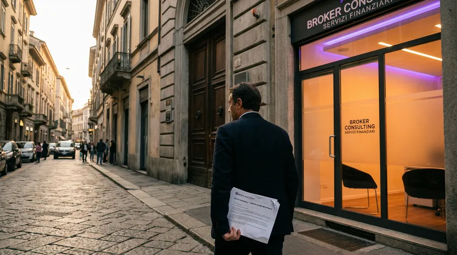 Imprenditore che esce dalla banca verso un ufficio broker con luce calda