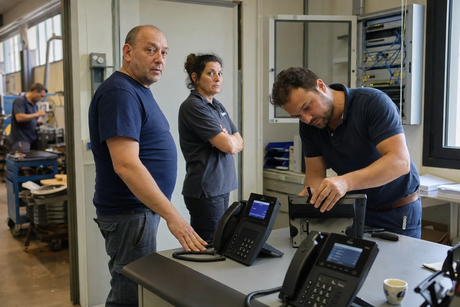 Tecnico installa telefoni VoIP e centralino in un ufficio italiano