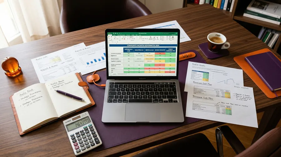 Vista dall'alto di scrivania con documenti di agevolazioni a confronto