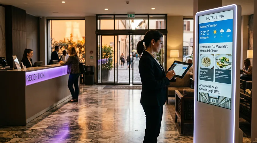 Totem digital signage in una lobby di hotel con contenuti dinamici