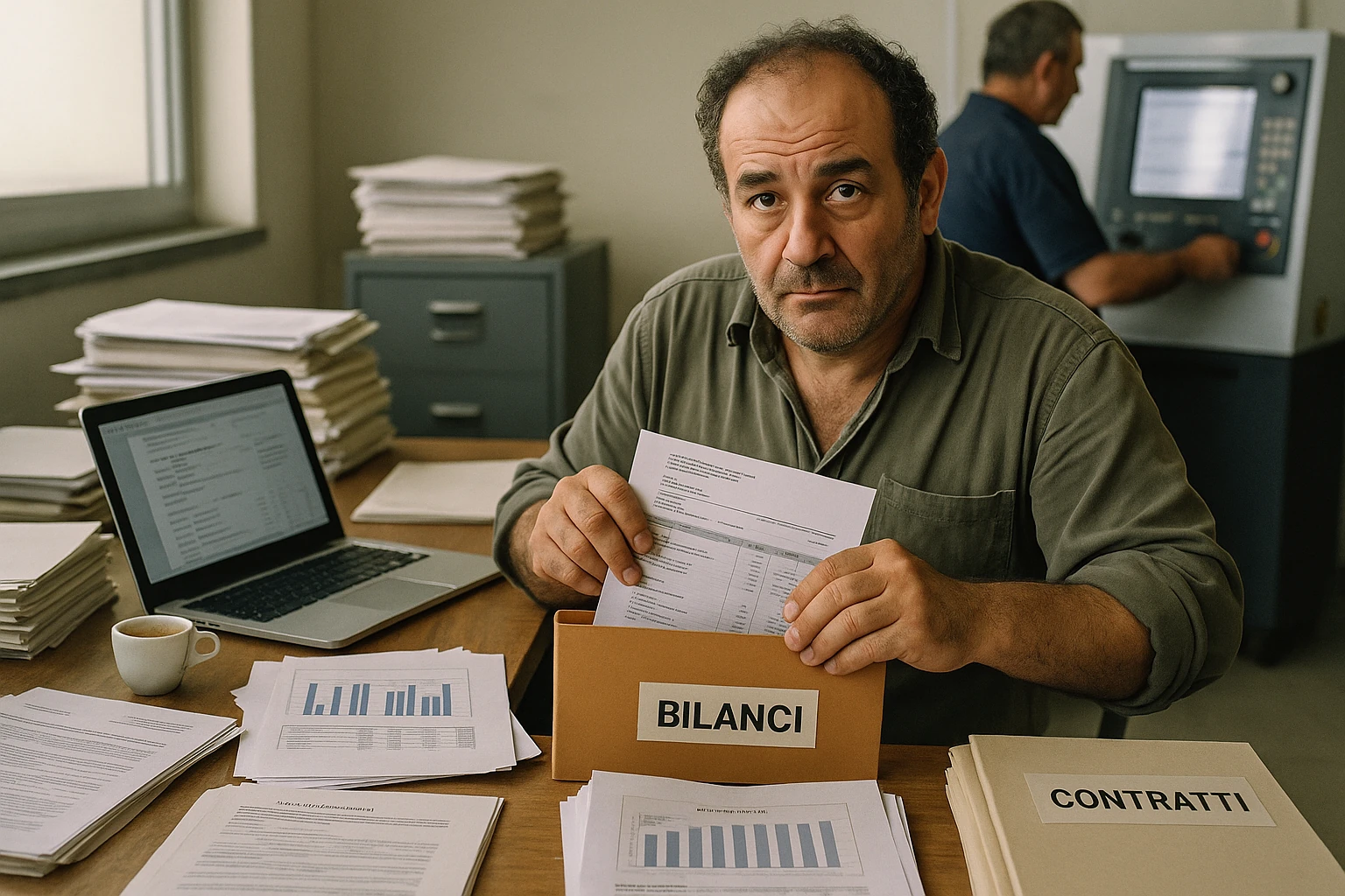 Scrivania con visura camerale, bilanci e documenti per una pratica di noleggio