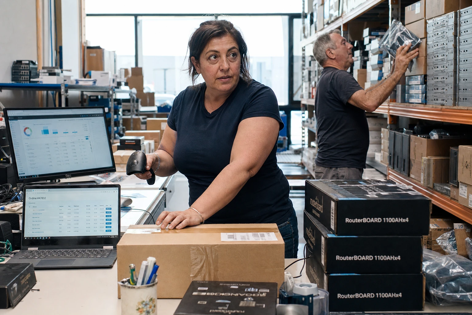 Magazzino di un'azienda che vende tecnologia online con ordini in preparazione