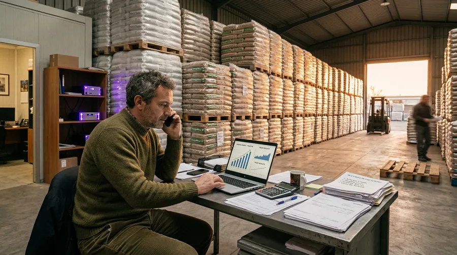 Magazzino di pellet con trader che analizza documenti di crescita