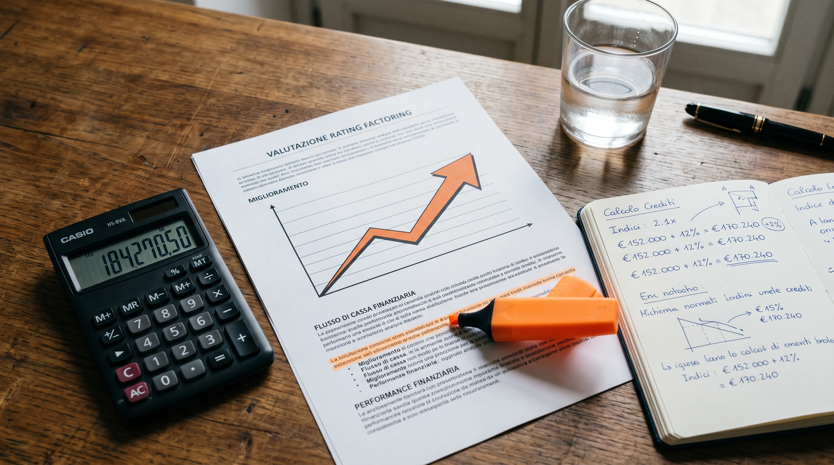 Documenti finanziari con grafico di andamento del rating creditizio aziendale