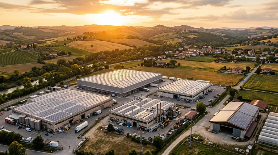 Pannelli solari su tetti industriali italiani visti dall'alto al tramonto