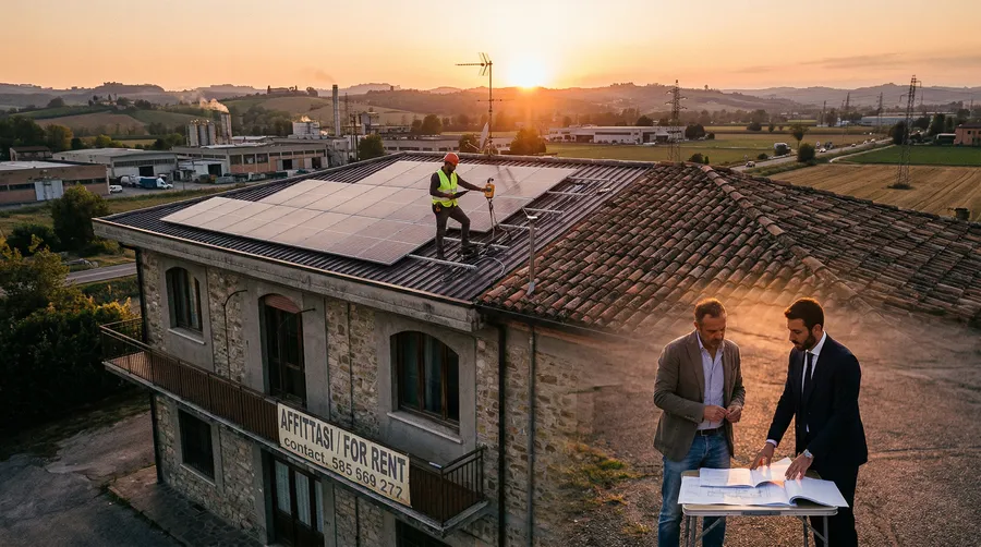 Pannelli solari installati su un capannone industriale in affitto