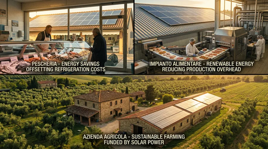 Pannelli solari su tetti industriali italiani al tramonto