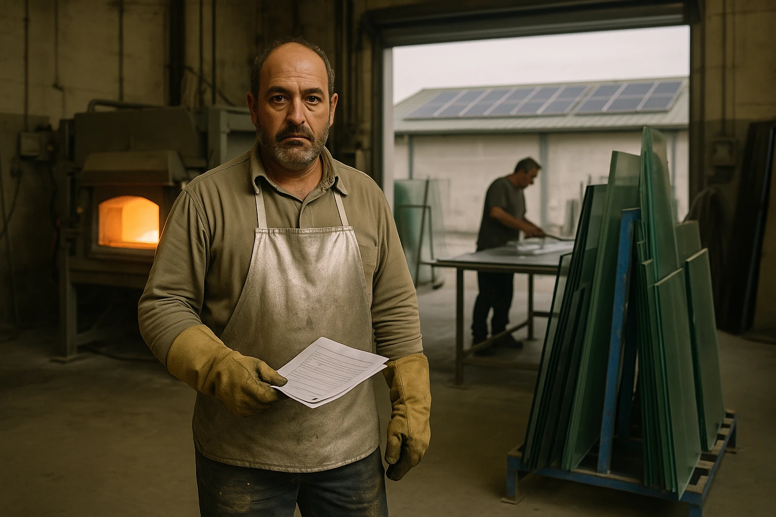 Forno elettrico in una vetreria con pannelli fotovoltaici sul tetto del capannone