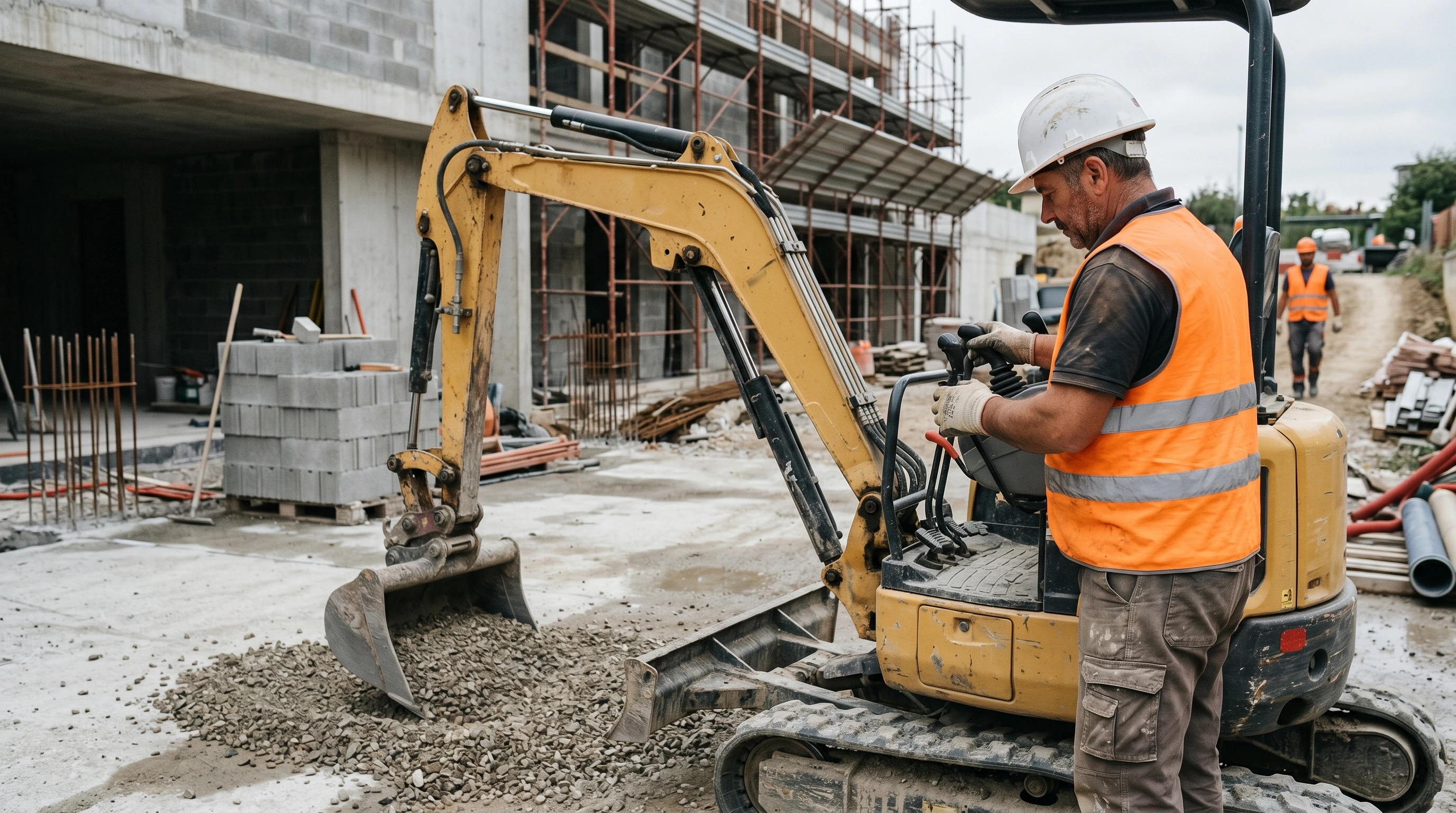 Mini escavatore Sunward in lavoro su cantiere edile estivo