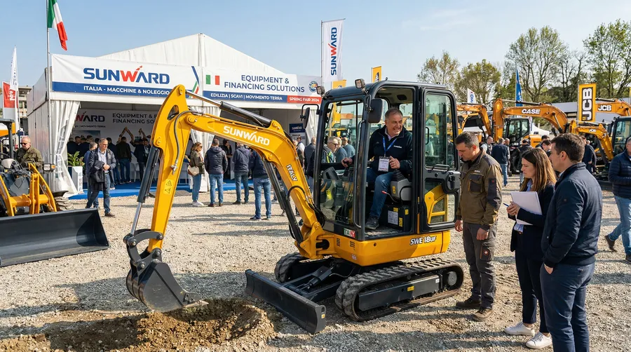 Mini escavatore nuovo consegnato a una fiera di mezzi edili