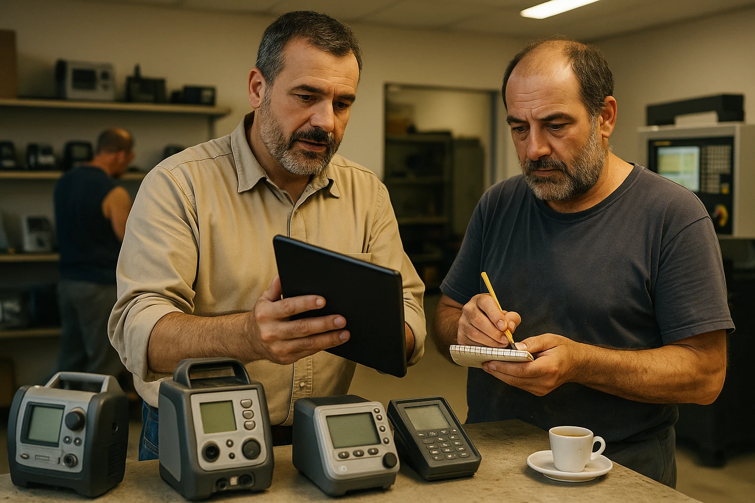 Strumentazione tecnica compatta in uno showroom, venditore mostra un tablet a un cliente