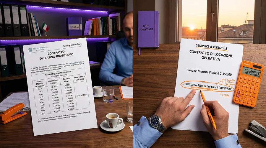Confronto tra noleggio operativo e leasing su una scrivania con documenti finanziari