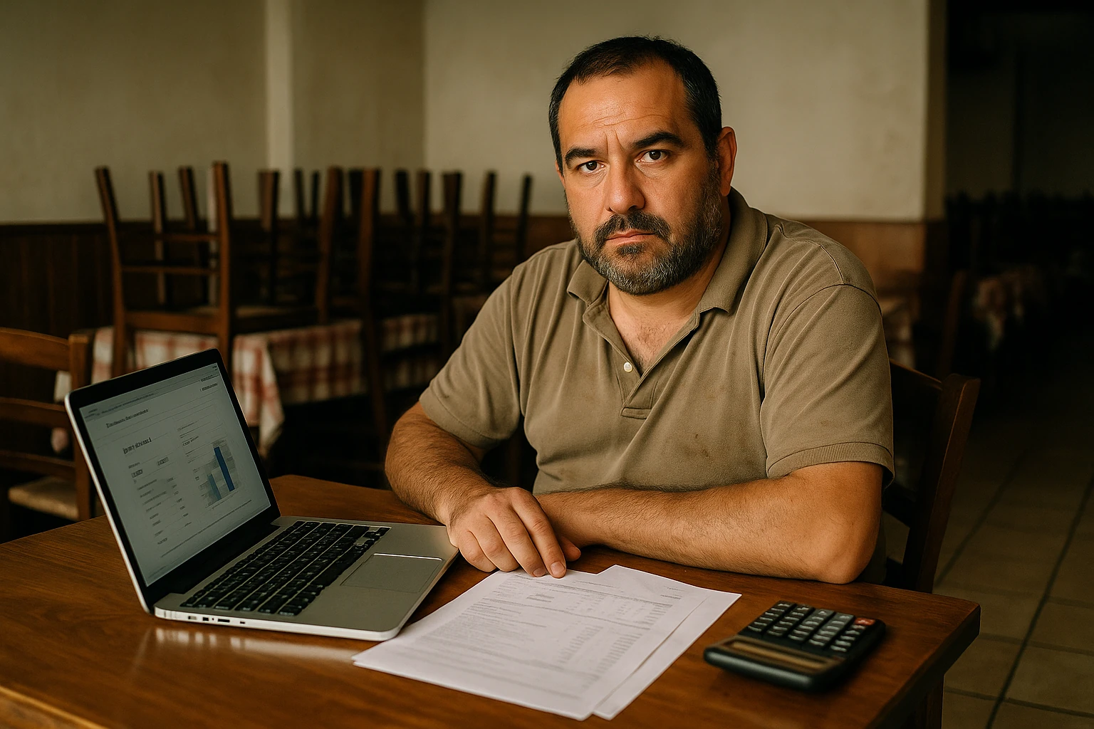 Titolare di un locale legge un preventivo di noleggio al laptop