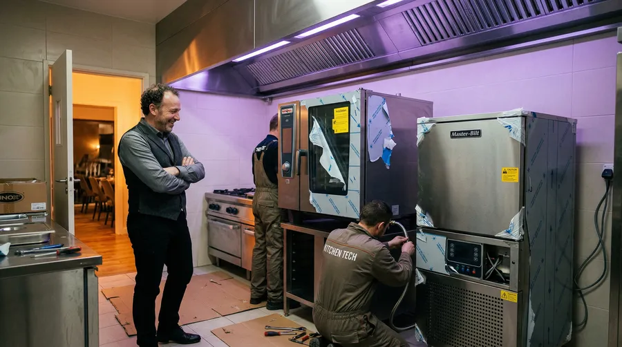 Cucina professionale con nuove attrezzature in fase di installazione