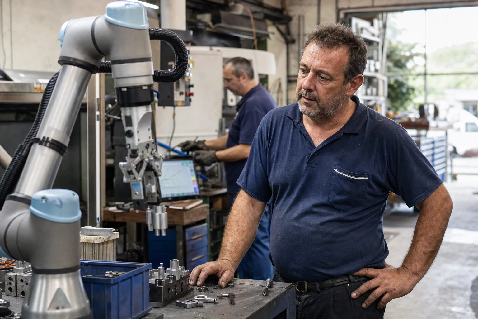 Braccio robotico al lavoro in un'officina italiana con tecnico che lo supervisiona