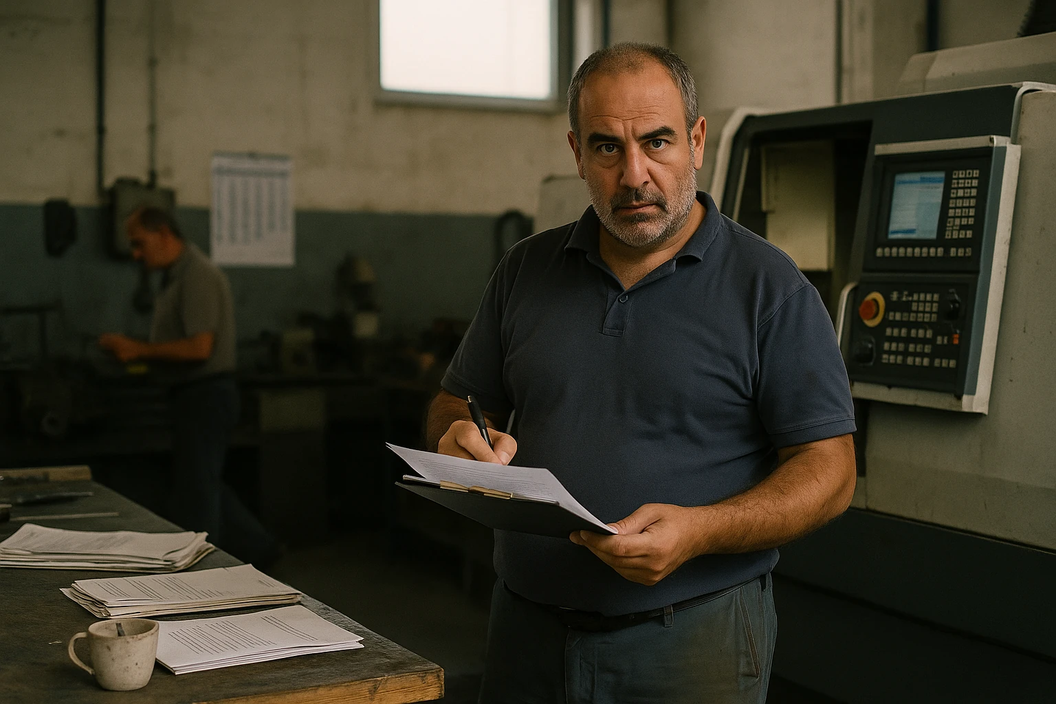 Imprenditore esamina un contratto accanto a un macchinario a fine noleggio