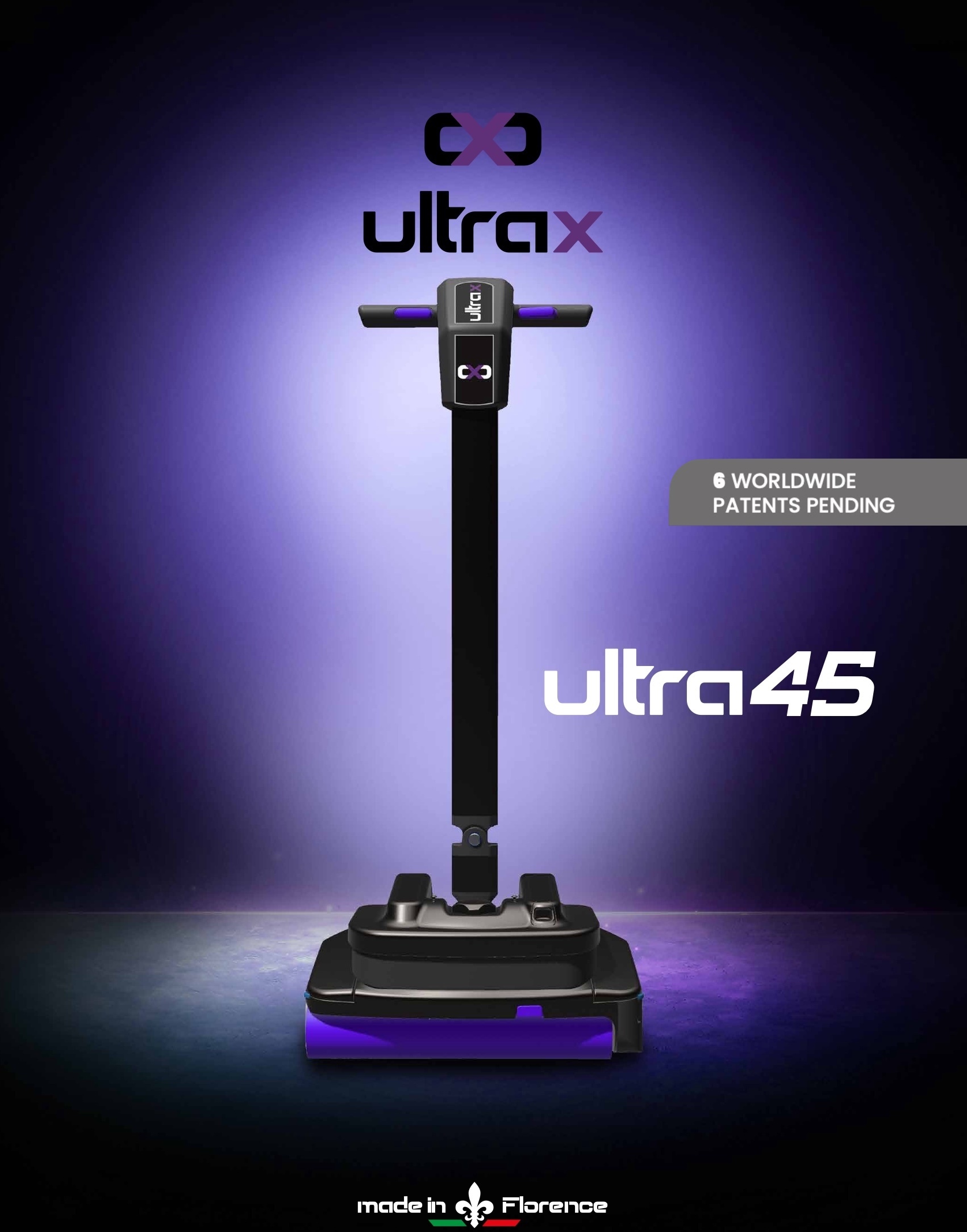 Ultrax 45 in posa frontale, illuminazione viola, marchio ultra45 visibile