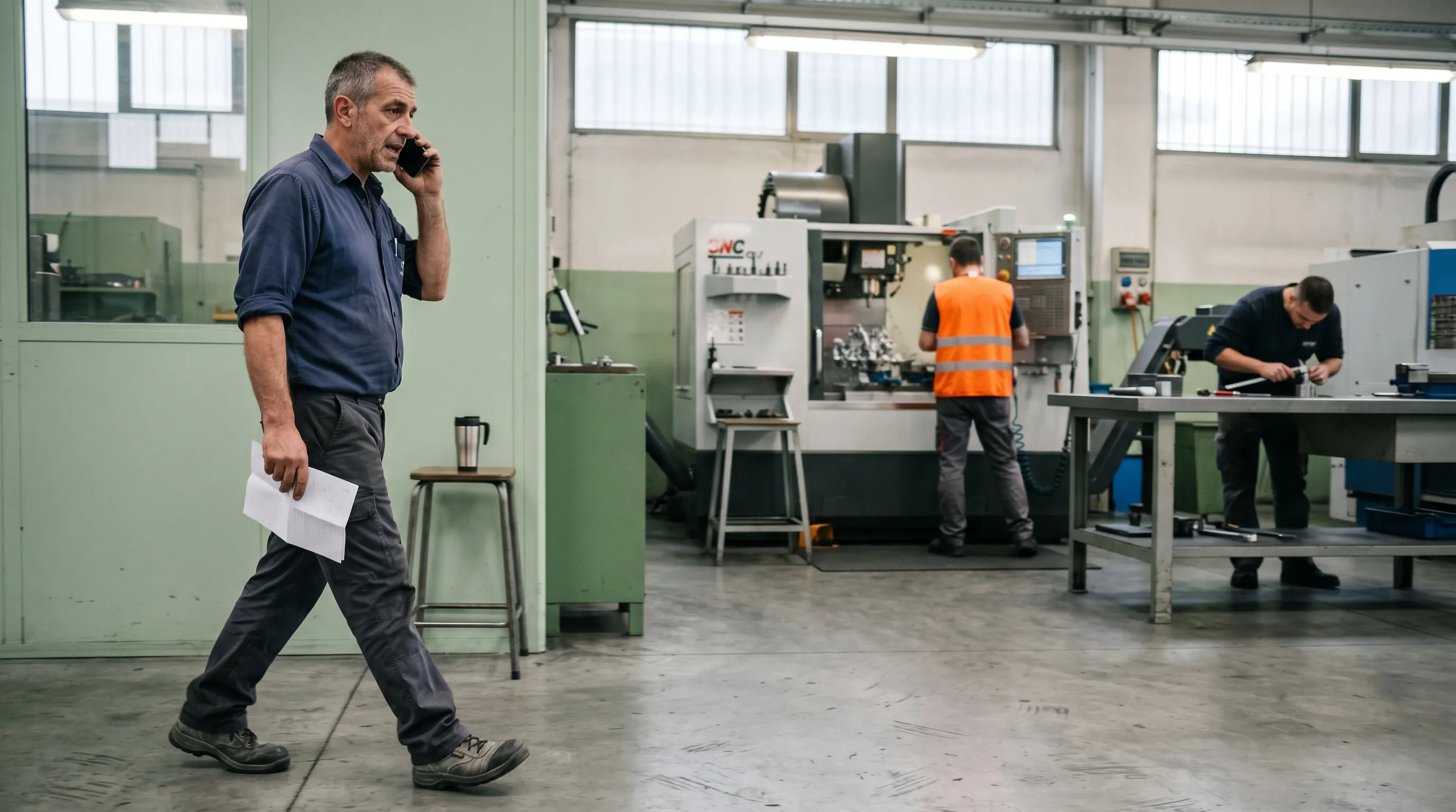 Imprenditore PMI veneto al telefono nel suo capannone, mentre attraversa il reparto produzione