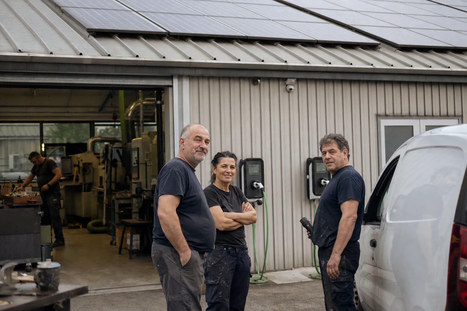 Pannelli fotovoltaici su una copertura in lamiera grecata e due colonnine di ricarica nel piazzale di un capannone