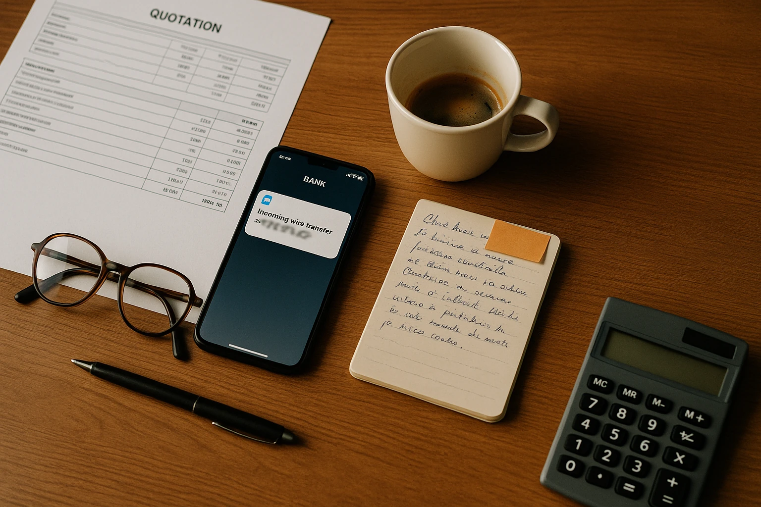 Scrivania di un partner con preventivo, smartphone con notifica bonifico, calcolatrice e Post-it
