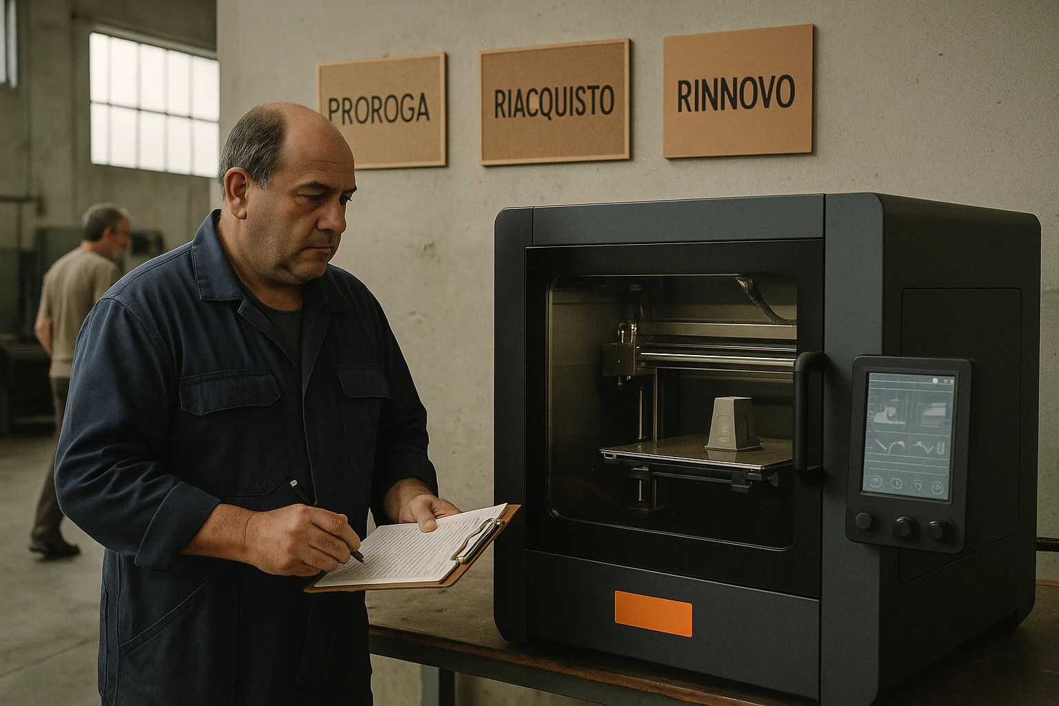 Tecnico che ispeziona un macchinario industriale a fine contratto, con i tre cartelli Proroga, Riacquisto, Rinnovo sulla parete