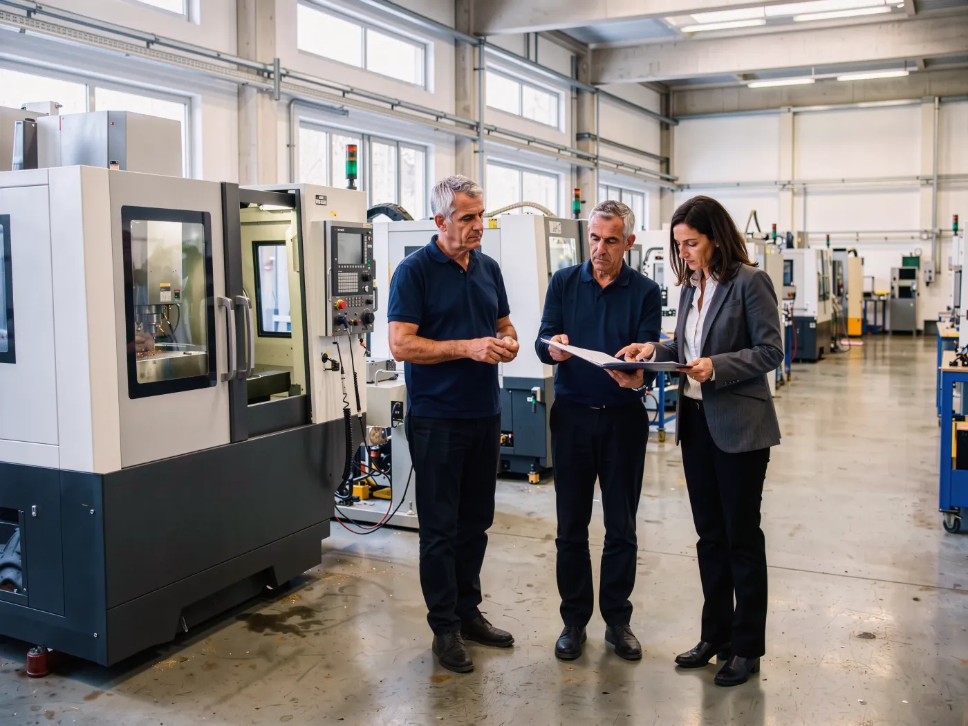 Titolare e responsabile di produzione di un'officina leggono con la consulente la proposta di finanziamento, accanto ai centri di lavoro