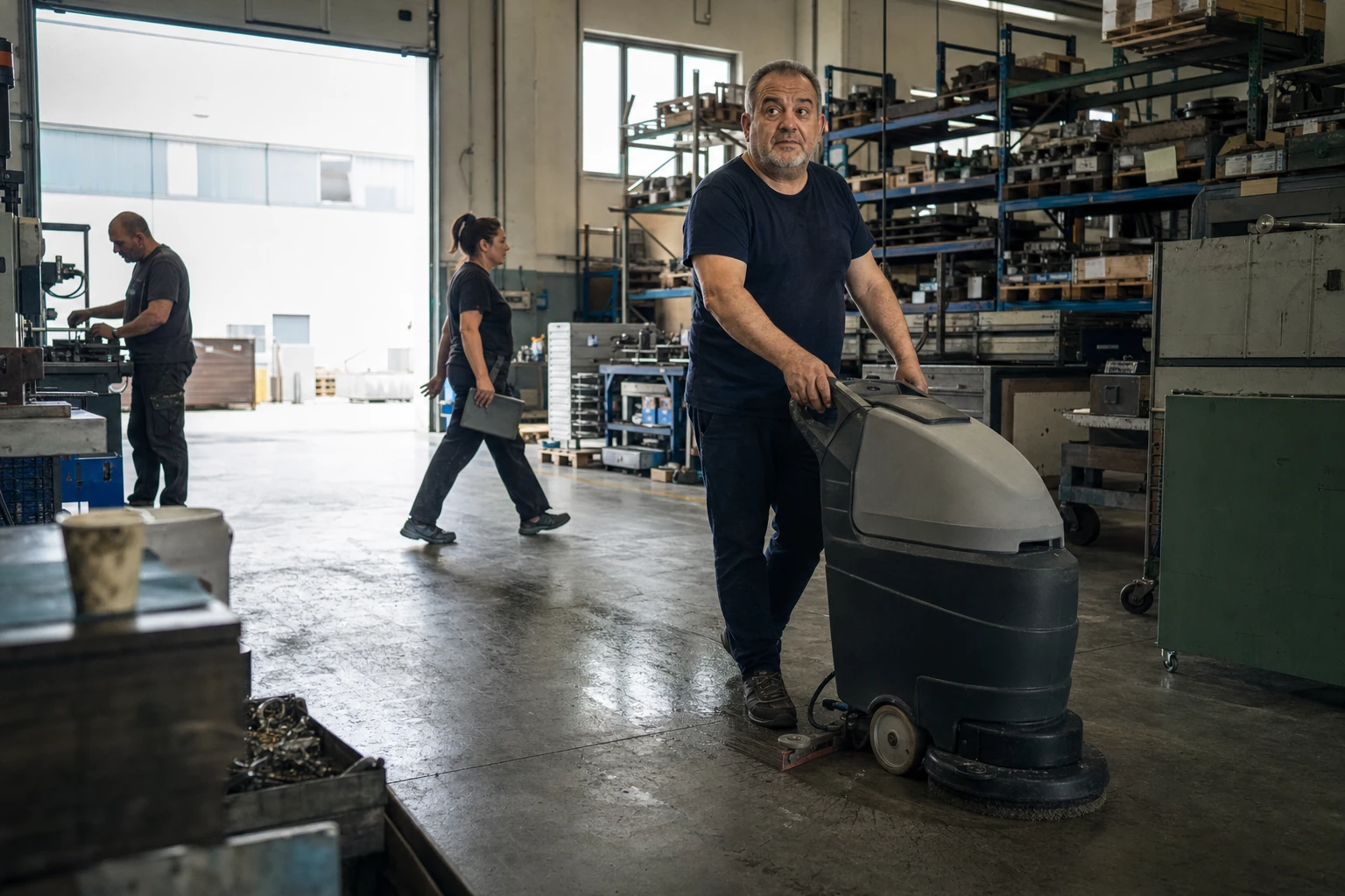 Lavapavimenti compatta a batteria sul pavimento di cemento di un capannone appena finito