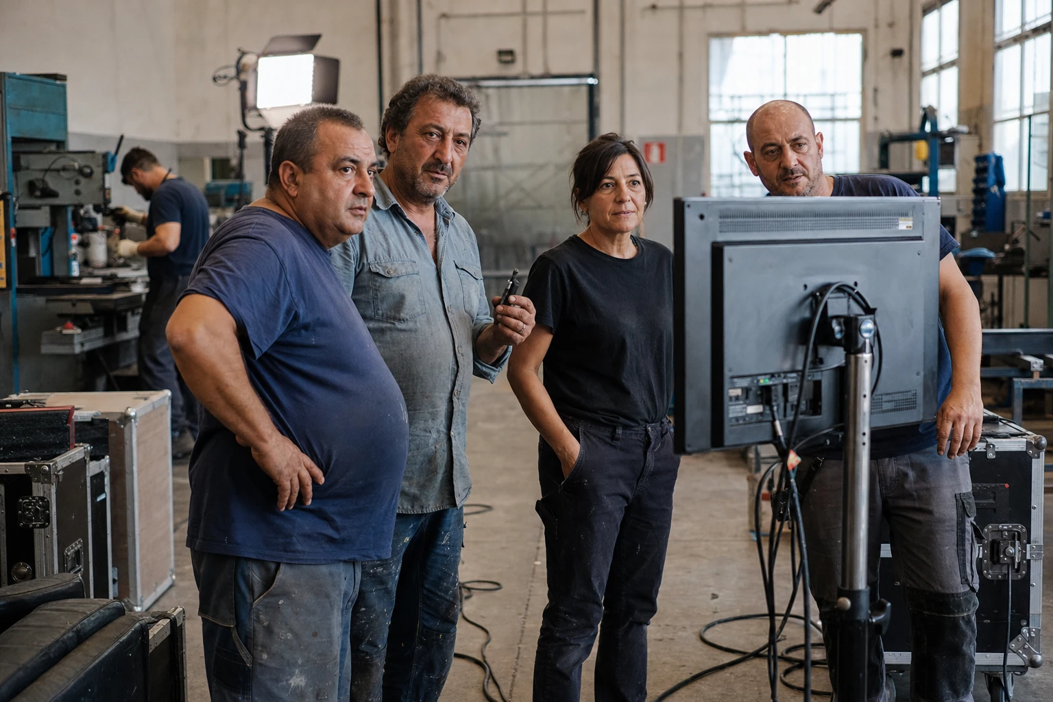 Capannone allestito come set con un grande monitor su supporto e cavi a terra
