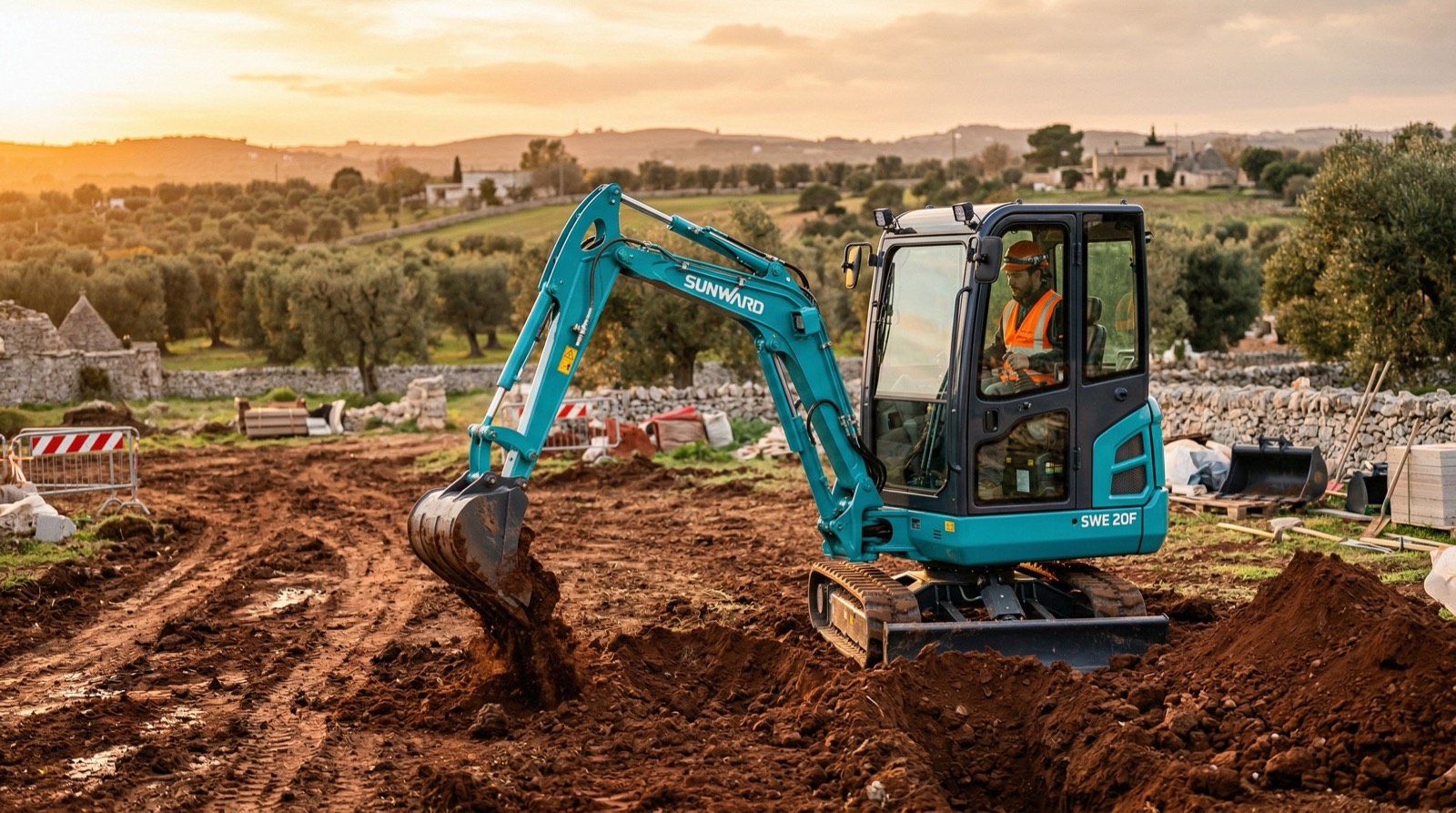 Escavatore Sunward in cantiere agricolo in Puglia