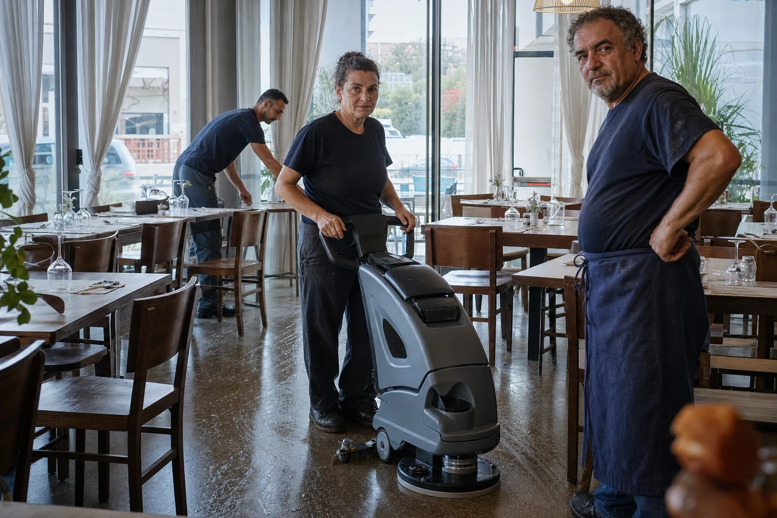 Lavapavimenti compatta a batteria nella sala di un ristorante prima del servizio